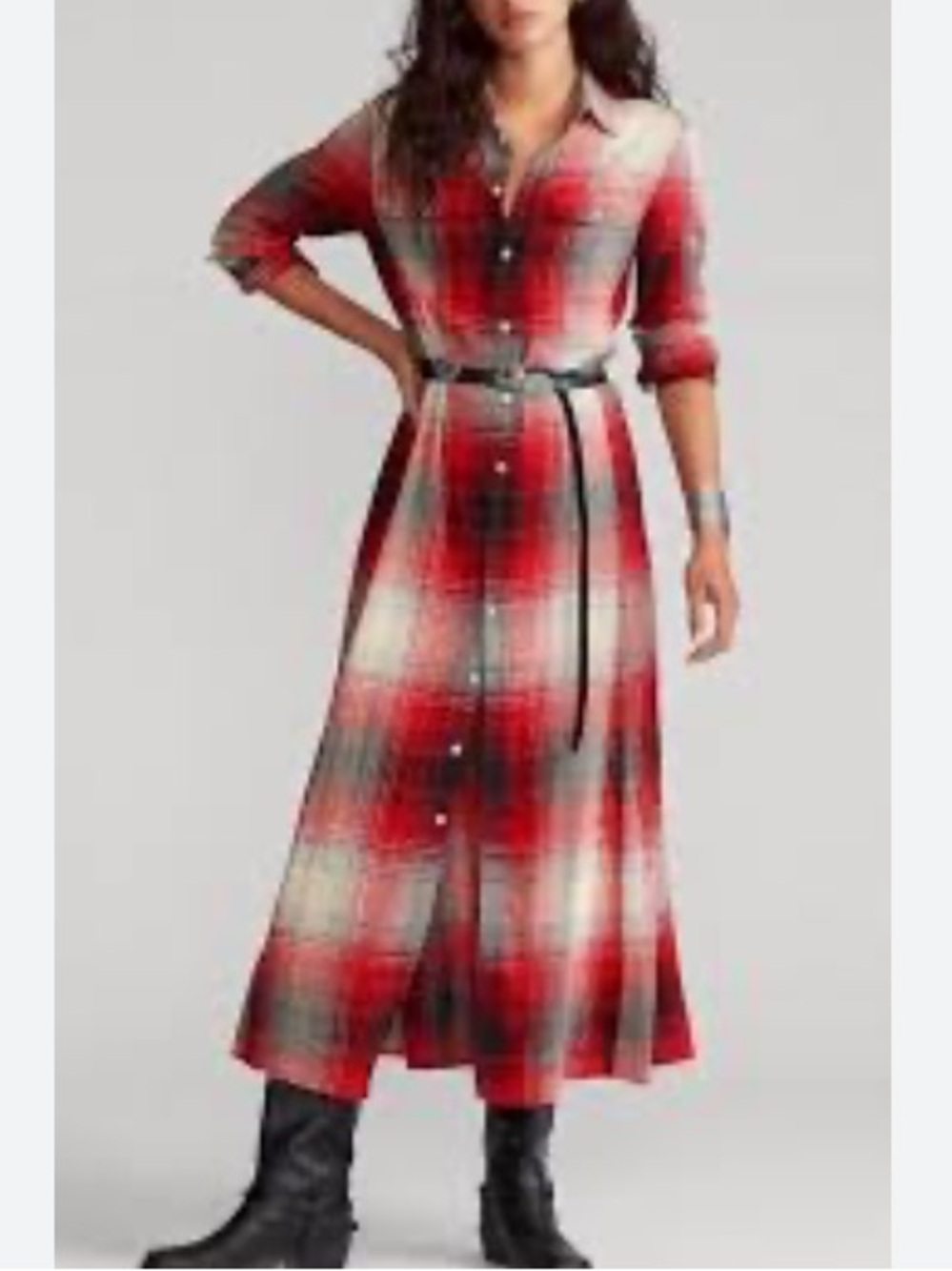Polo Ralph Lauren red and black plaid belted shirt maxi dress size 10